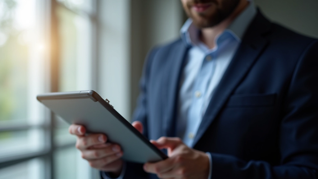 Geschäftsperson, die Markttrends auf einem modernen Tablet analysiert, helles Büroumfeld, natürliche Beleuchtung
