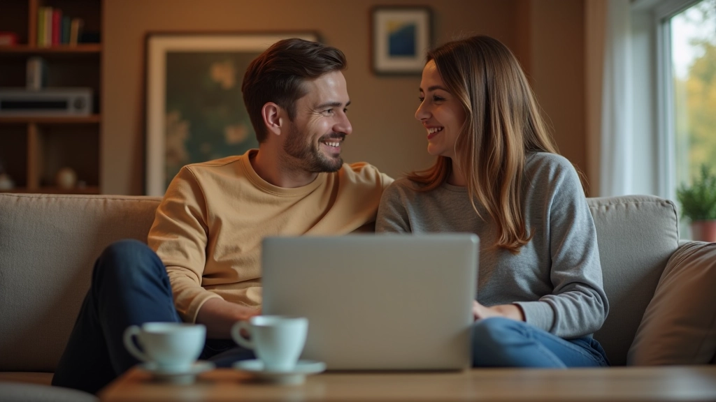 Paar mit Laptop und Kaffee bei einem ruhigen, entspannten Finanzgespräch in gemütlichem Wohnzimmer