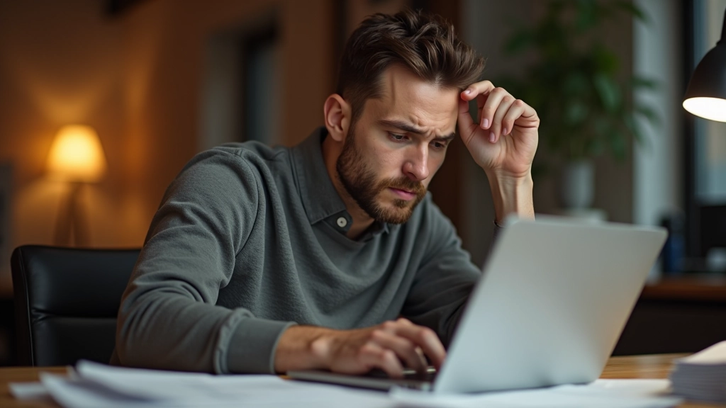 Verwirter Mann schaut auf sein Konto auf dem Laptop, Rechnungen liegen verstreut auf dem Schreibtisch