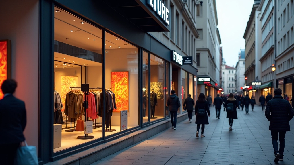 Farbenfrohe Einzelhandelsfassade mit Schaufenstern und Kundenpräsenz, Stadtzentrum, Tageslicht