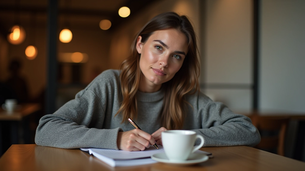 Person sitzt in gemütlichem Café mit Kaffee und schreibt in Notizbuch