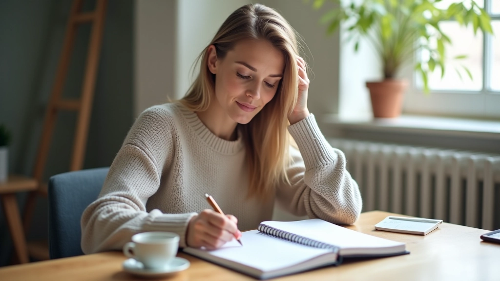 Frau sitzt am Schreibtisch und macht Notizen in ein Budgetplaner-Notizbuch