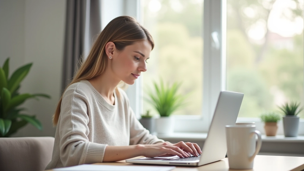 Professionelle Frau arbeitet konzentriert an einem Laptop an einem modernen Schreibtisch, helles Homeoffice-Umfeld, natürliches Licht von oben